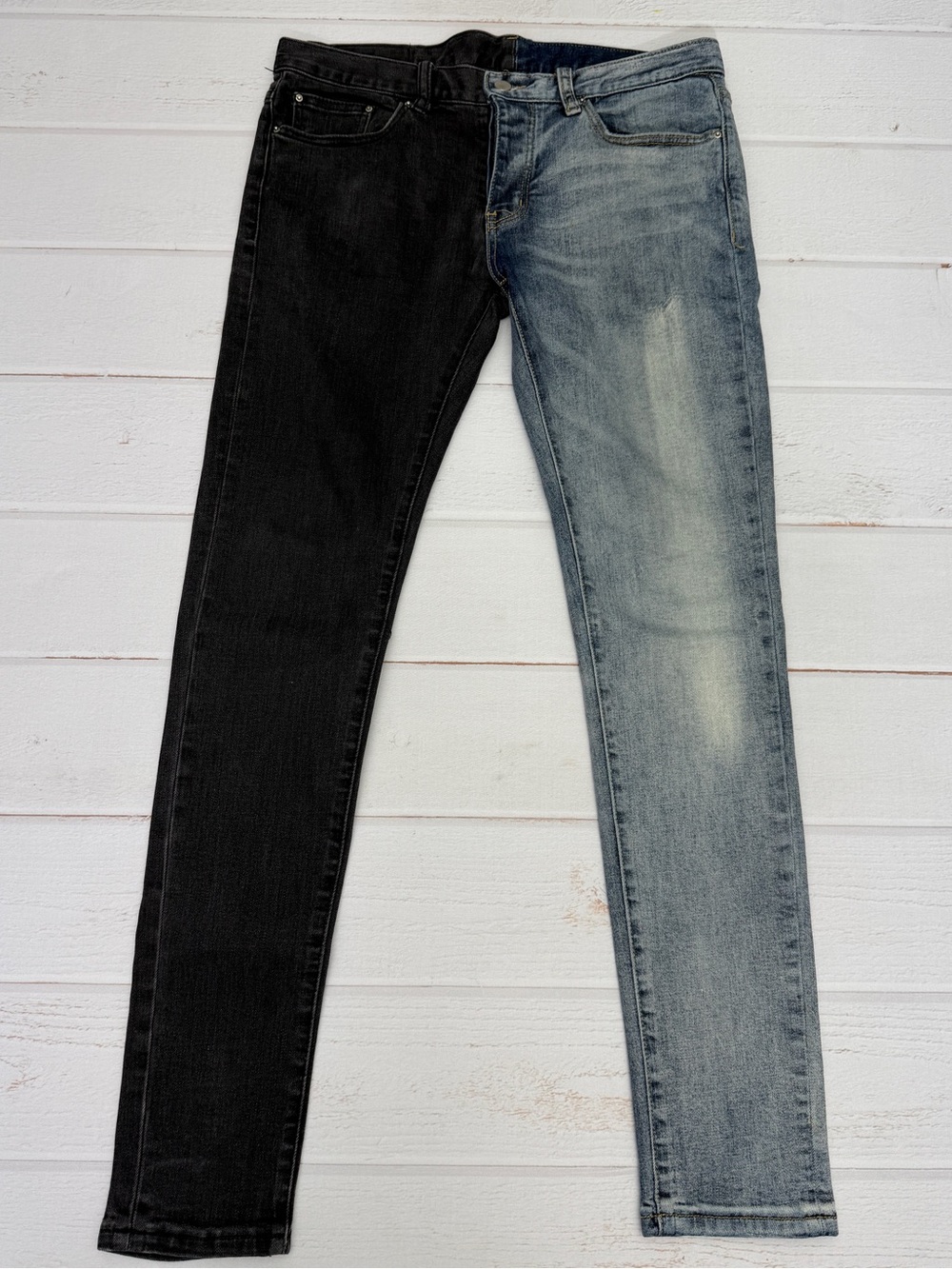 mnml Two Tone Split Color Skinny Stretch Jeans Black Blue Men’s